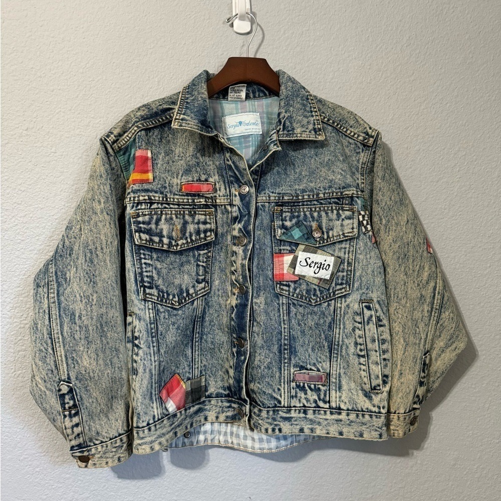 Vintage Sergio Valente Acid Wash Denim Patchwork Jacket L Plaid Lining Blue